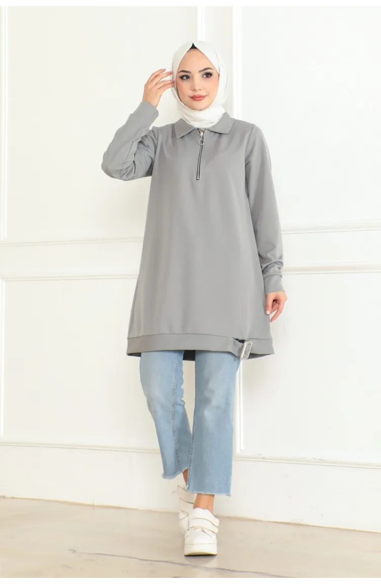 Toka Detaylı Fermuarlı Tunik 602-03 Gri
