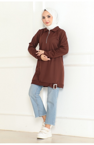 Zippered Tunic With Buckle Detail 602-06 Brown 602-06