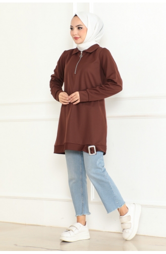Zippered Tunic With Buckle Detail 602-06 Brown 602-06