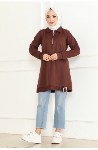 Zippered Tunic With Buckle Detail 602-06 Brown 602-06