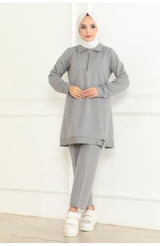 Costume Détaillé Avec Boucle à Fermeture Éclair Et Voile 109-02 Gris 109-02