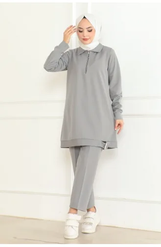 Costume Détaillé Avec Boucle à Fermeture Éclair Et Voile 109-02 Gris 109-02