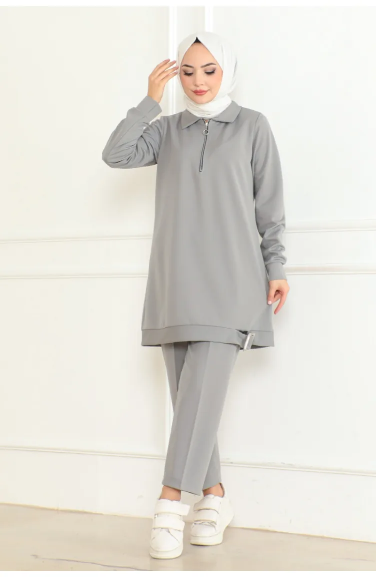 Costume Détaillé Avec Boucle à Fermeture Éclair Et Voile 109-02 Gris 109-02
