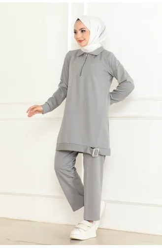 Costume Détaillé Avec Boucle à Fermeture Éclair Et Voile 109-02 Gris 109-02