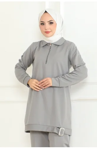 Costume Détaillé Avec Boucle à Fermeture Éclair Et Voile 109-02 Gris 109-02