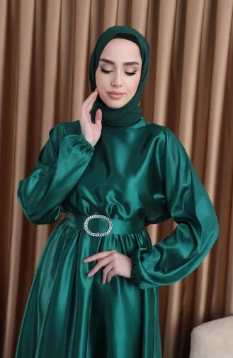 Elastic Waist Satin Mevlana Evening Dress 0105-01 Emerald Green 0105-01