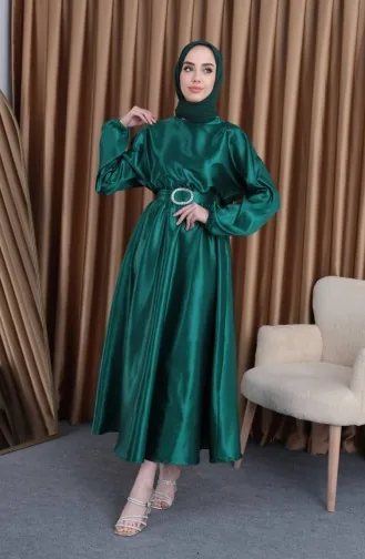 Elastic Waist Satin Mevlana Evening Dress 0105-01 Emerald Green 0105-01