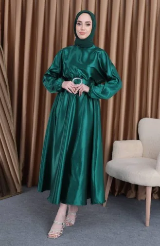 Elastic Waist Satin Mevlana Evening Dress 0105-01 Emerald Green 0105-01