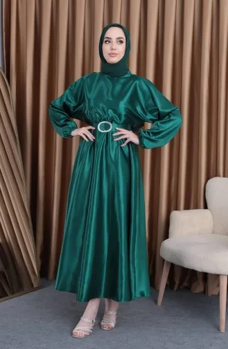 Elastic Waist Satin Mevlana Evening Dress 0105-01 Emerald Green 0105-01