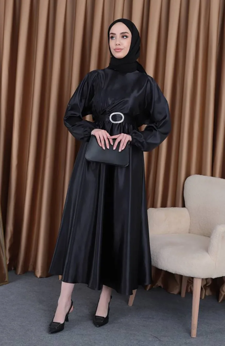 Robe De Soirée Mevlana Satin Taille Elastique 0105-02 Noir 0105-02