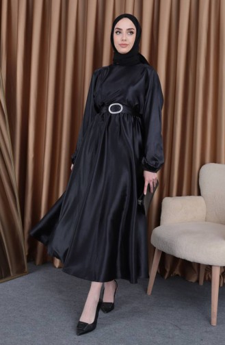 Abendkleid Aus Mevlana-Satin Mit Elastischer Taille 0105-02 Schwarz 0105-02