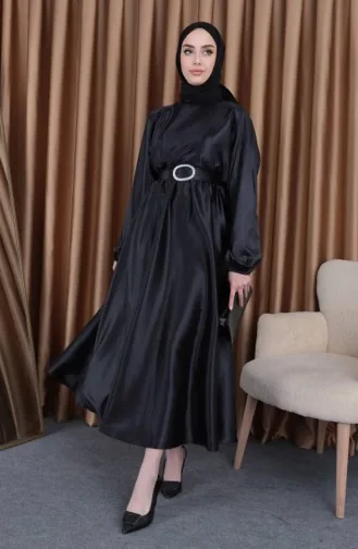 Robe De Soirée Mevlana Satin Taille Elastique 0105-02 Noir 0105-02