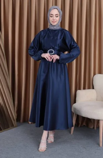 Robe De Soirée Mevlana Satin Taille Elastique 0105-03 Bleu Marine 0105-03