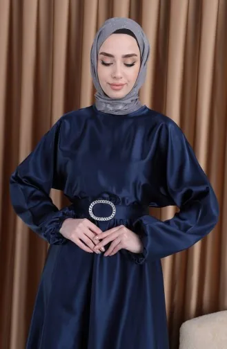 Robe De Soirée Mevlana Satin Taille Elastique 0105-03 Bleu Marine 0105-03