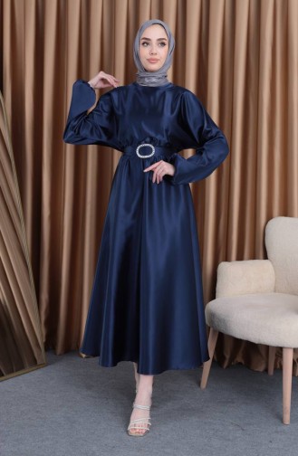 Abendkleid Aus Mevlana-Satin Mit Elastischer Taille 0105-03 Marineblau 0105-03