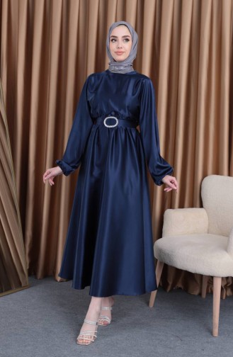 Abendkleid Aus Mevlana-Satin Mit Elastischer Taille 0105-03 Marineblau 0105-03