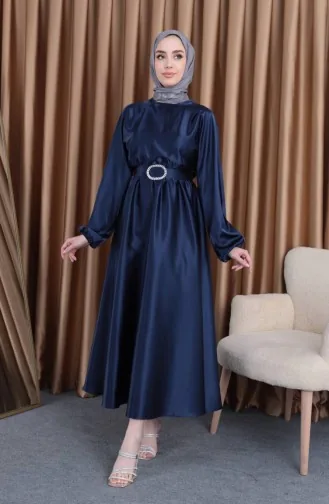 Robe De Soirée Mevlana Satin Taille Elastique 0105-03 Bleu Marine 0105-03