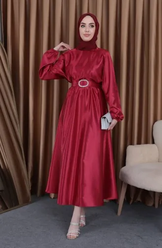 Abendkleid Aus Mevlana-Satin Mit Elastischer Taille 0105-04 Weinrot 0105-04