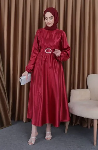Abendkleid Aus Mevlana-Satin Mit Elastischer Taille 0105-04 Weinrot 0105-04