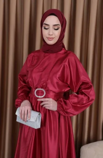 Abendkleid Aus Mevlana-Satin Mit Elastischer Taille 0105-04 Weinrot 0105-04