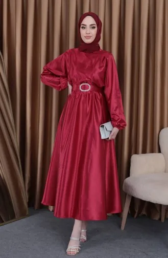 Abendkleid Aus Mevlana-Satin Mit Elastischer Taille 0105-04 Weinrot 0105-04