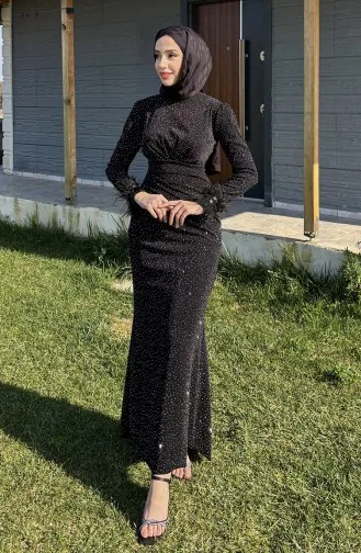 فستان سهرة بتصميم مرصع بالأحجار 5511-01 لون أسود 5511-01