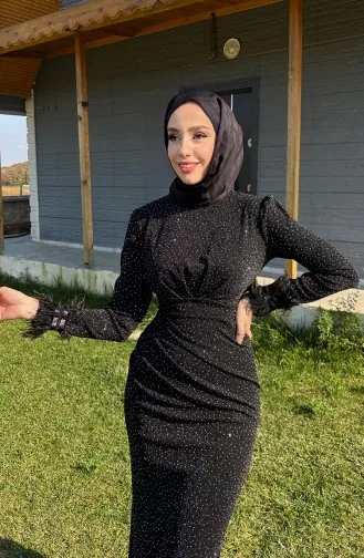 فستان سهرة بتصميم مرصع بالأحجار 5511-01 لون أسود 5511-01
