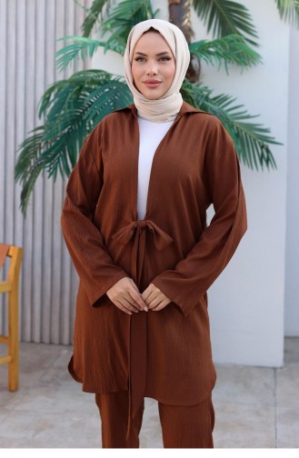 Bağlama Detaylı Kimono Takım Kahvevengi 1225