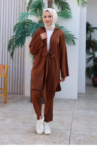 Bağlama Detaylı Kimono Takım Kahvevengi 1225