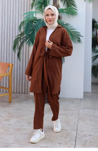 Bağlama Detaylı Kimono Takım Kahvevengi 1225