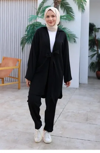 Tie Detail Kimono Suit Black 1225 617