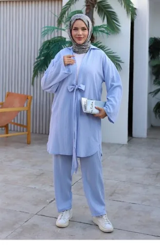 Bağlama Detaylı Kimono Takım Pastel Mavisi 1225