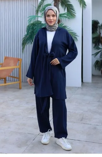 Tie Detailed Kimono Suit Navy Blue 1225 620