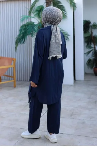 Tie Detailed Kimono Suit Navy Blue 1225 620