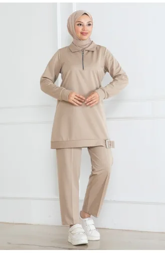 Half Zipper Hijab Suit 1099-02 Beige 1099-02