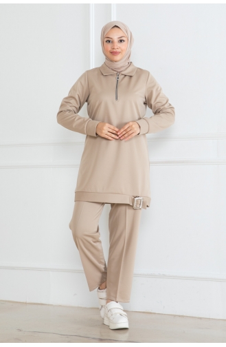 Hijab-Anzug Mit Halbem Reißverschluss 1099-02 Beige 1099-02