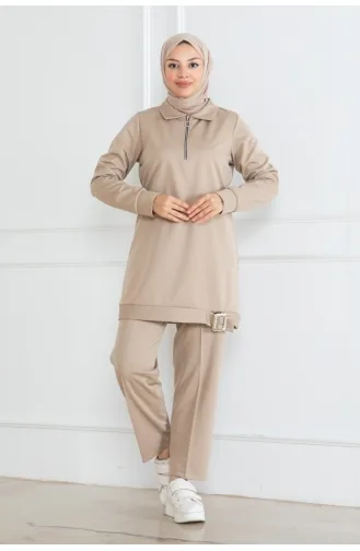 Half Zipper Hijab Suit 1099-02 Beige 1099-02