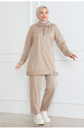 Hijab-Anzug Mit Halbem Reißverschluss 1099-02 Beige 1099-02