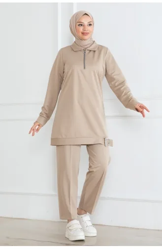 Half Zipper Hijab Suit 1099-02 Beige 1099-02