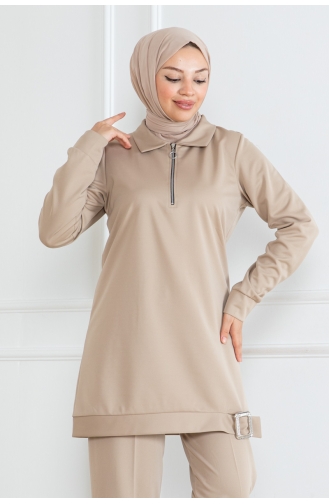 Hijab-Anzug Mit Halbem Reißverschluss 1099-02 Beige 1099-02