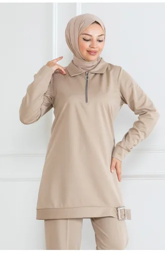 Half Zipper Hijab Suit 1099-02 Beige 1099-02