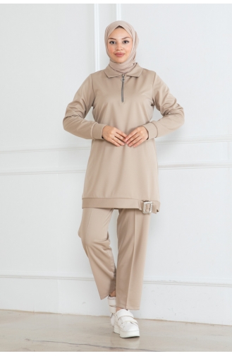 Hijab-Anzug Mit Halbem Reißverschluss 1099-02 Beige 1099-02