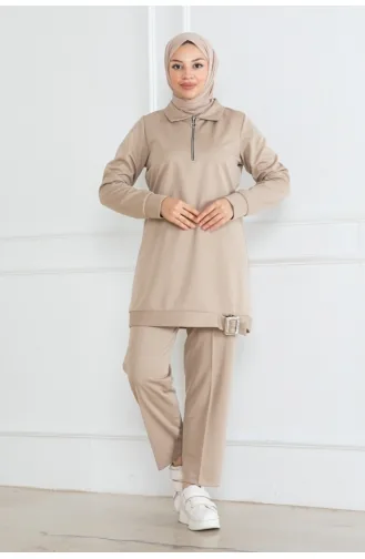 Half Zipper Hijab Suit 1099-02 Beige 1099-02