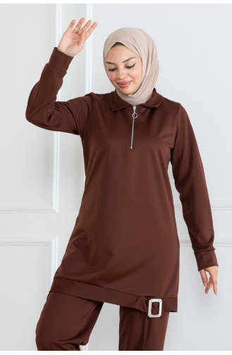 Half Zipper Hijab Suit 1099-03 Brown 1099-03