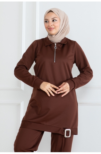 Half Zipper Hijab Suit 1099-03 Brown 1099-03
