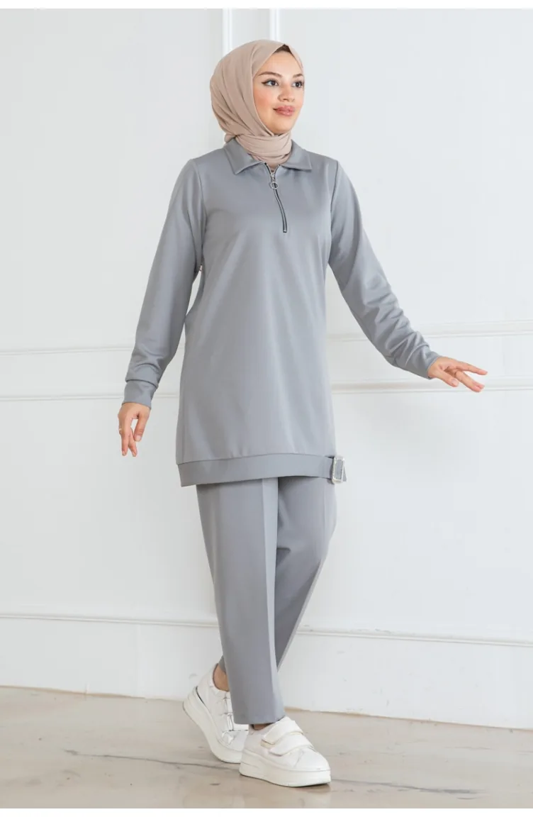 Ensemble Hijab Demi Fermeture 1099-04 Gris 1099-04