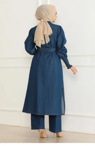 Costume En Jean Fendu Bleu Foncé 19227 15322