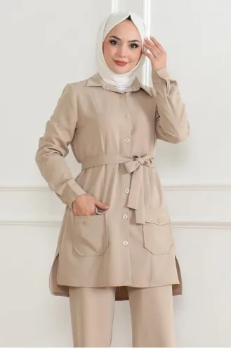 Button Detailed Suit Beige 19223 15326