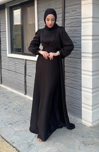 فستان سهرة ستان بتصميم رابطة أمامية 5513-01 لون أسود 5513-01
