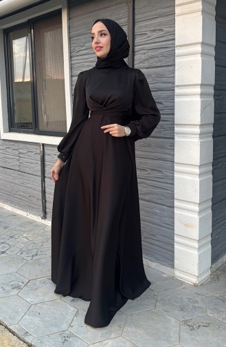 فستان سهرة ستان بتصميم رابطة أمامية 5513-01 لون أسود 5513-01